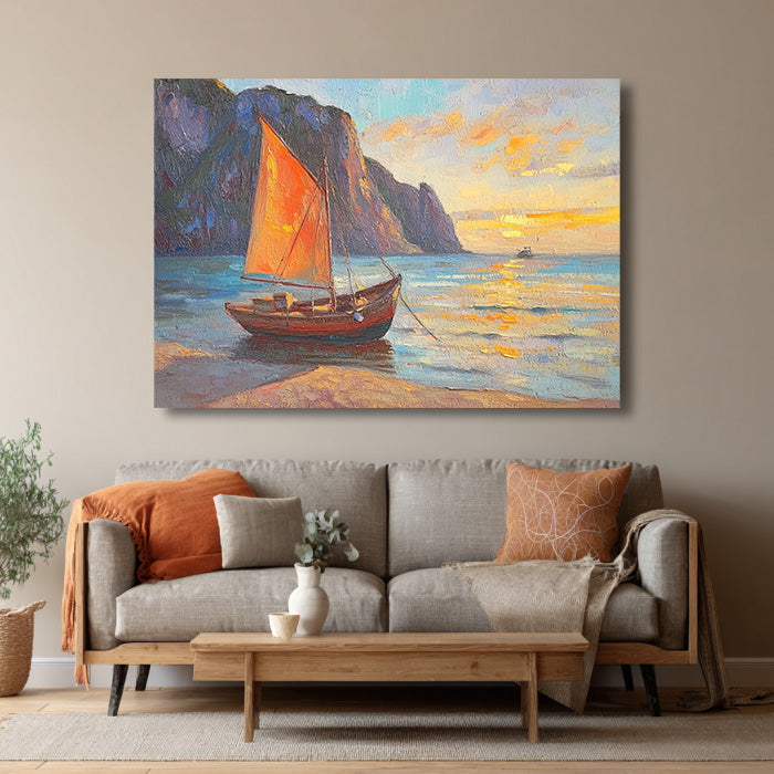 The Orange Sail at Sunset - Modern Impressionist Sailboat Seascape Wall Art