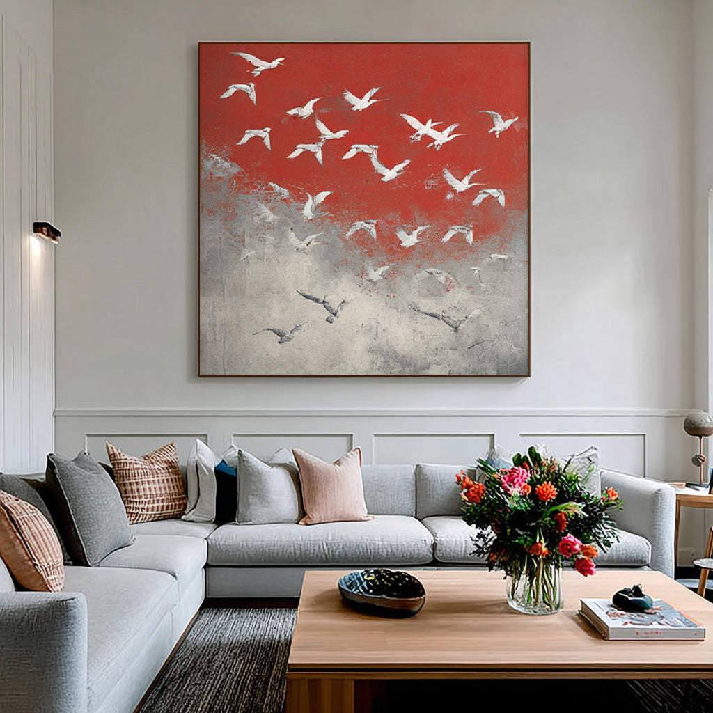 Symphony of Birds - Large Abstract Flying Birds Oil Painting