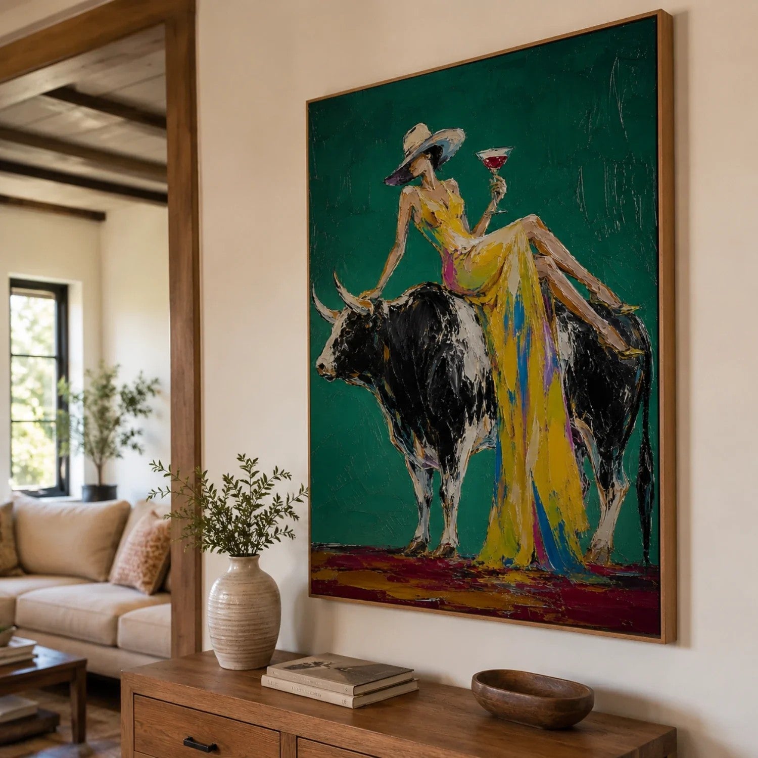 Woman in Gold Riding Bull on Emerald Wall Art