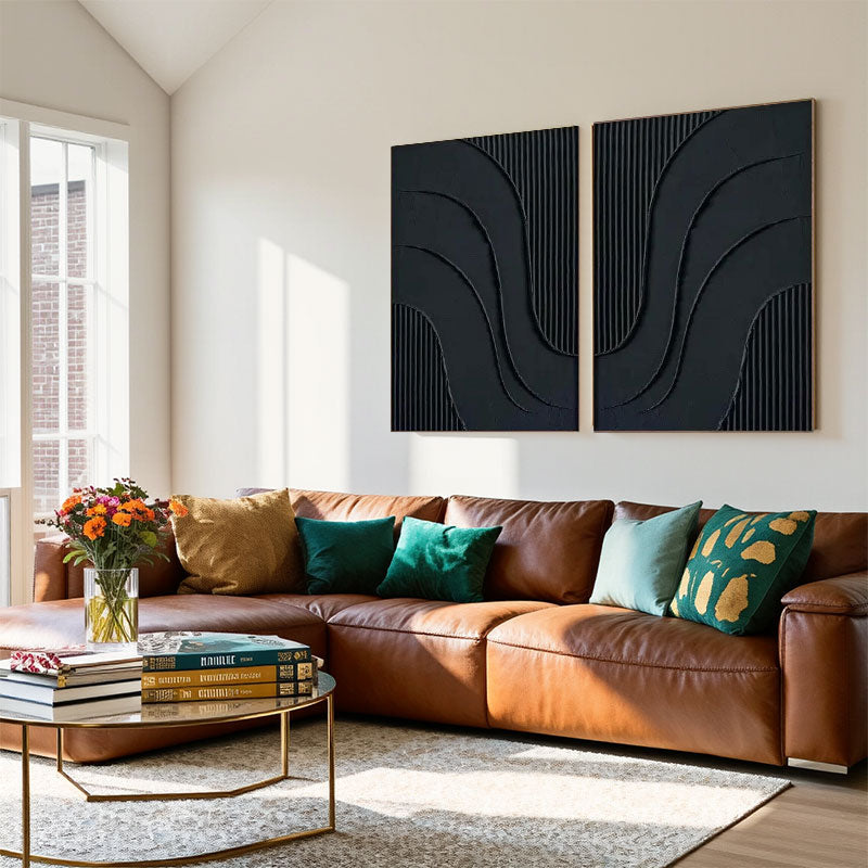 Black Plaster Art Minimalist Textured Paintings Set of 2