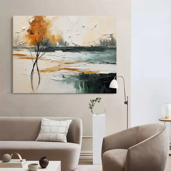 Abstract Landscape Tree Wall Art – Modern Textured Canvas Painting in Warm Tones
