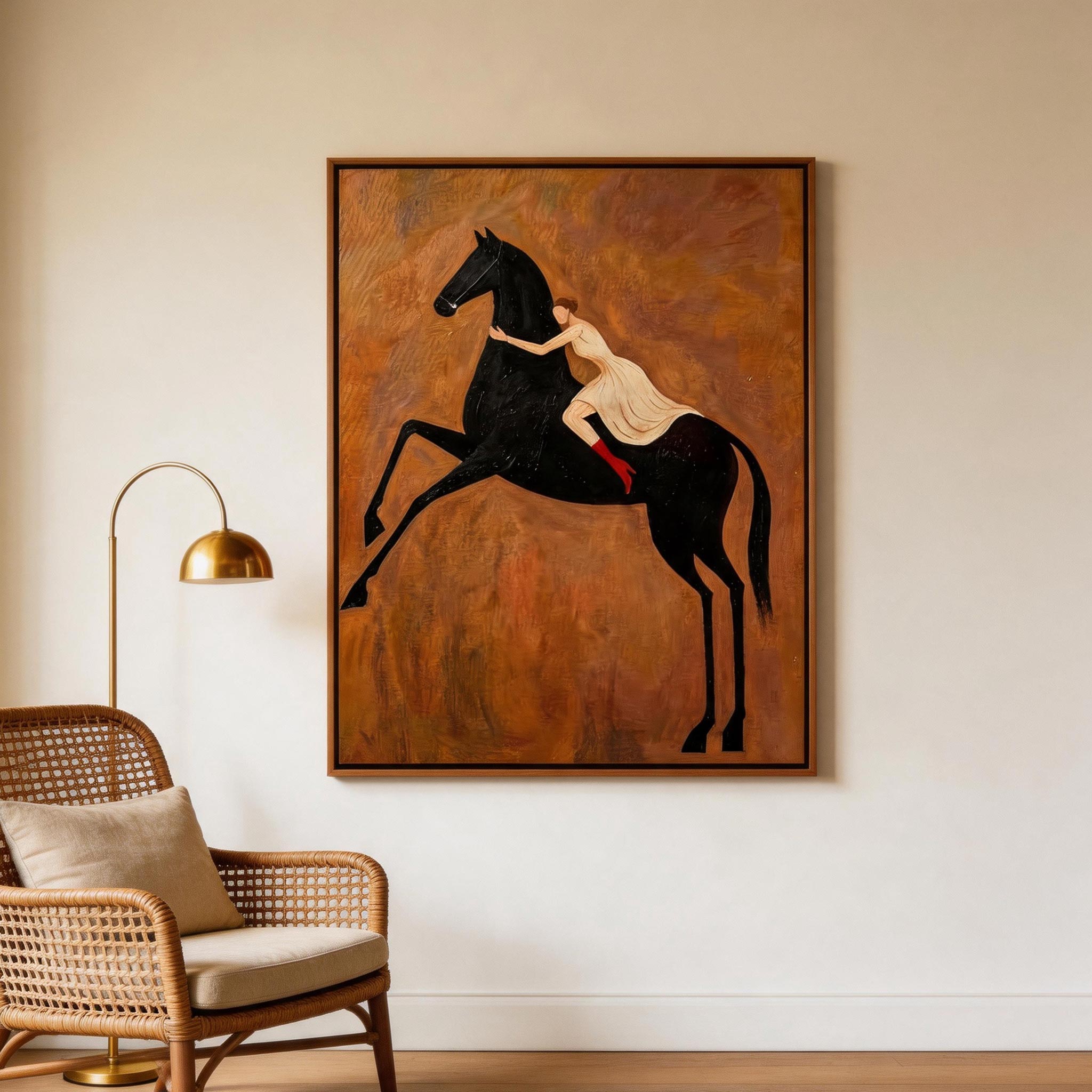 The Leap — Woman & Rearing Black Horse Canvas Wall Art