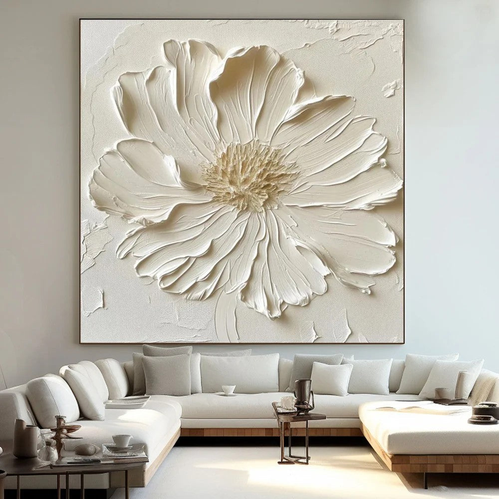 White Textured Flower Wall Art – Minimalist Relief Canvas