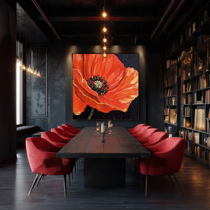 Night Spark - Large Black Red Contrast Floral Wall Art