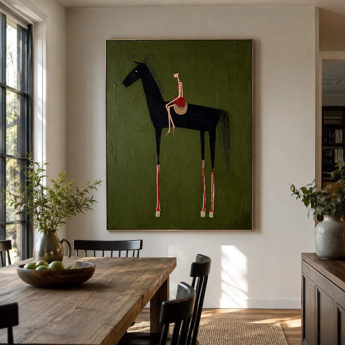 Rustic Folk Elongated Rider on Black Horse Wall Art