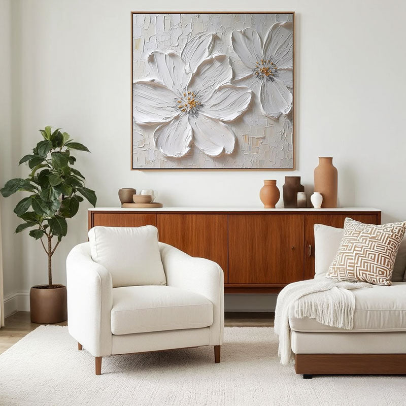 3D Textured White Blossom Wall Art