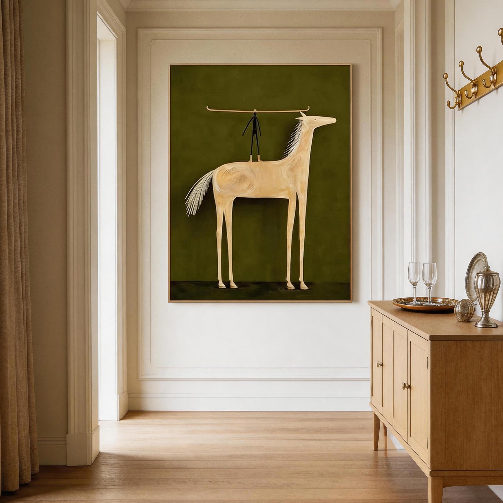 Balance — Primitive Stick Figure & Cream Horse Canvas Wall Art on Olive Green