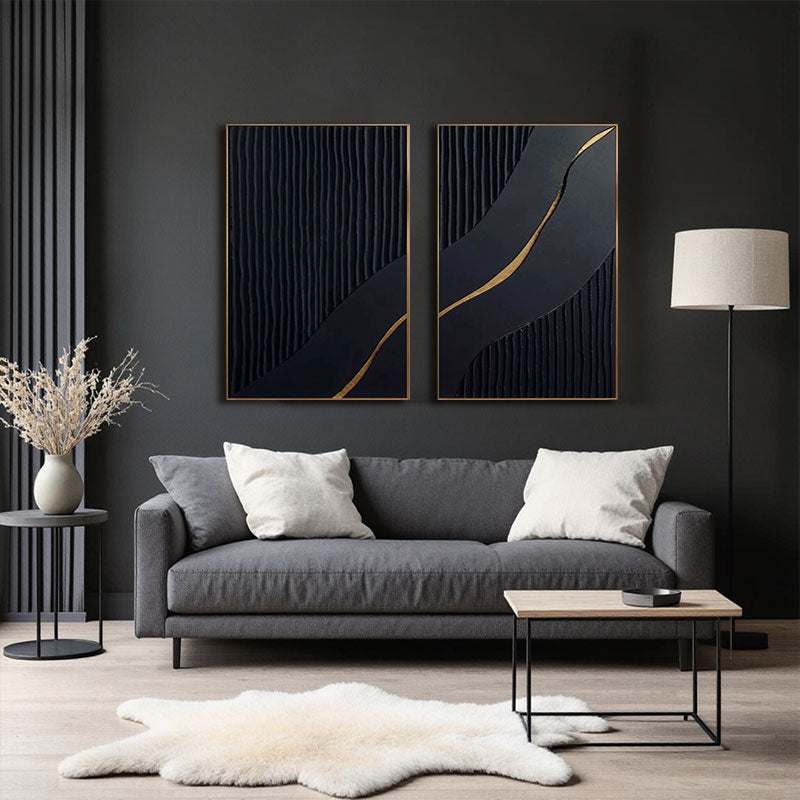 Black Gold Minimalist Textured Paintings Set of 2