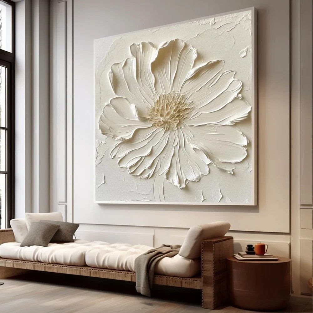 White Textured Flower Wall Art – Minimalist Relief Canvas