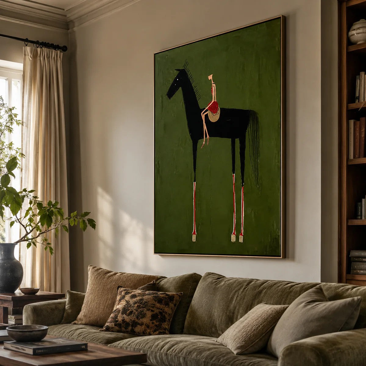 Rustic Folk Elongated Rider on Black Horse Wall Art