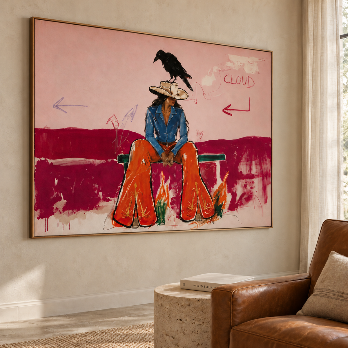 Vintage Americana Art | Blush Pink Cowgirl & Crow Western Oil Painting