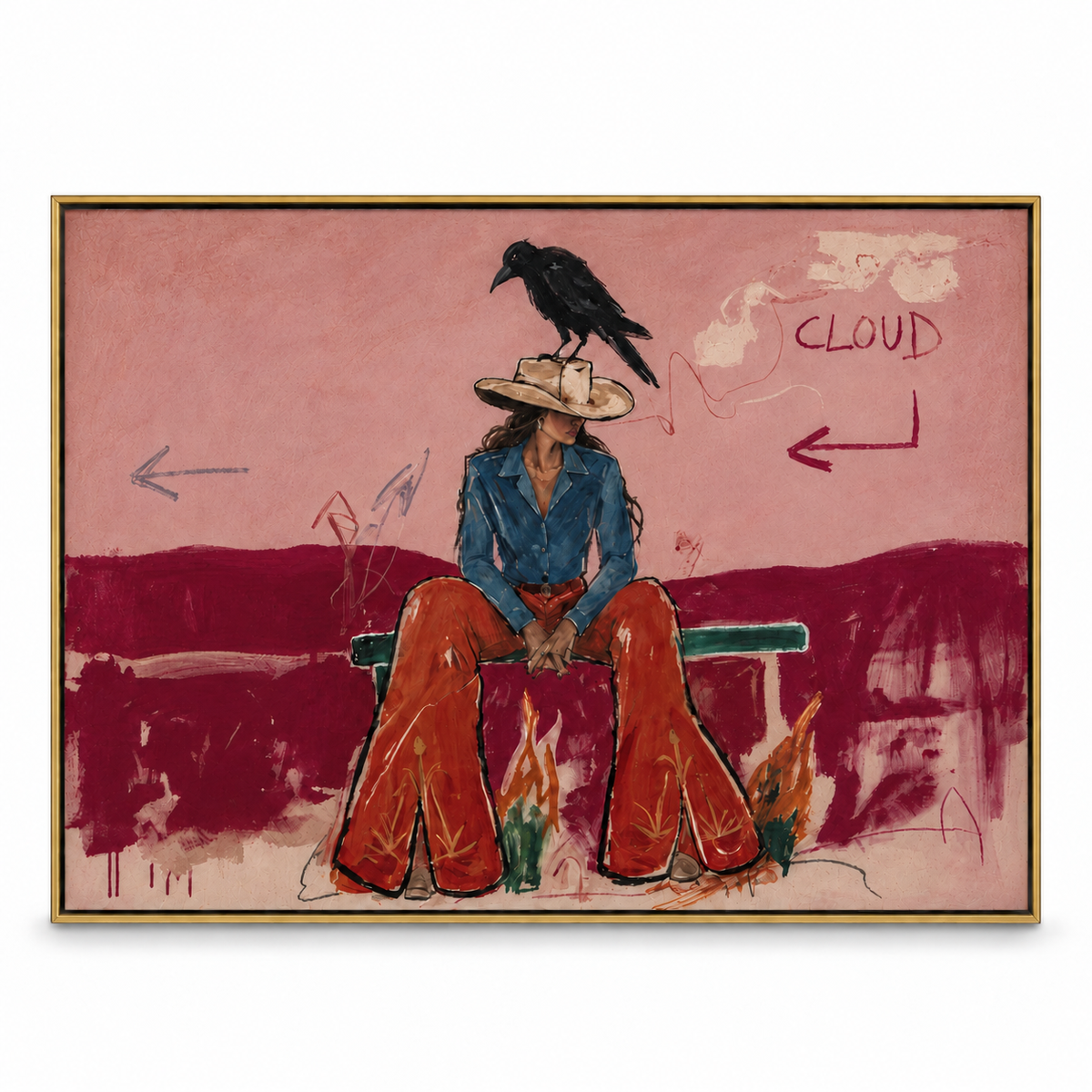 Vintage Americana Art | Blush Pink Cowgirl & Crow Western Oil Painting