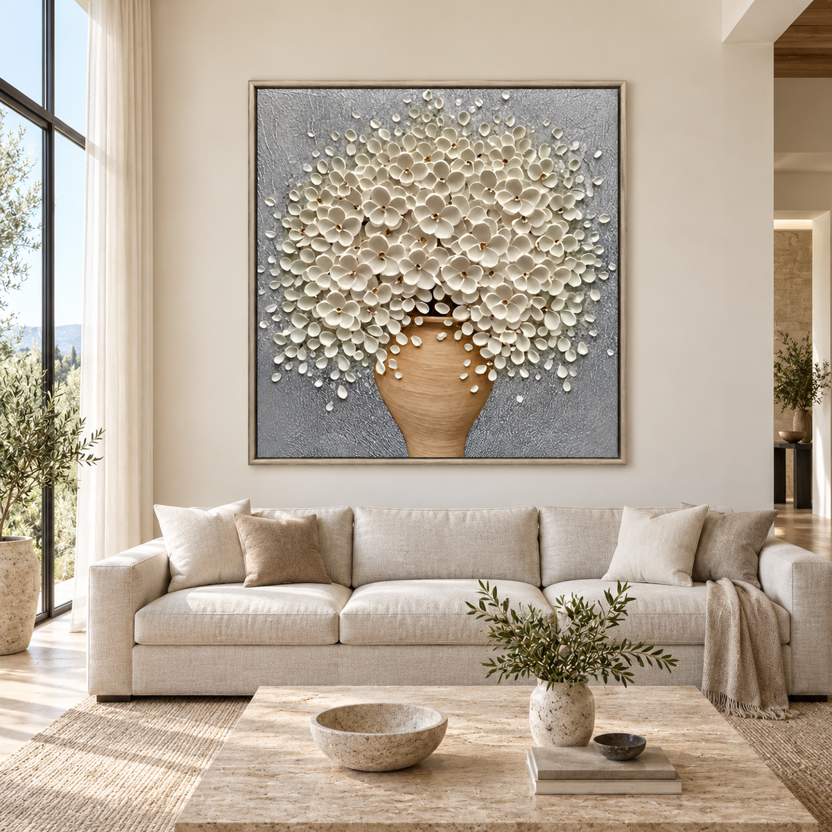 Modern Textured Floral Relief | Ivory Blossoms in Bloom