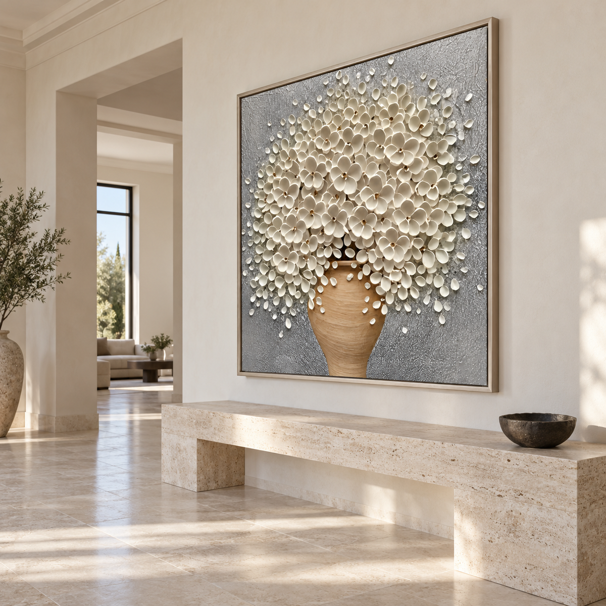 Modern Textured Floral Relief | Ivory Blossoms in Bloom
