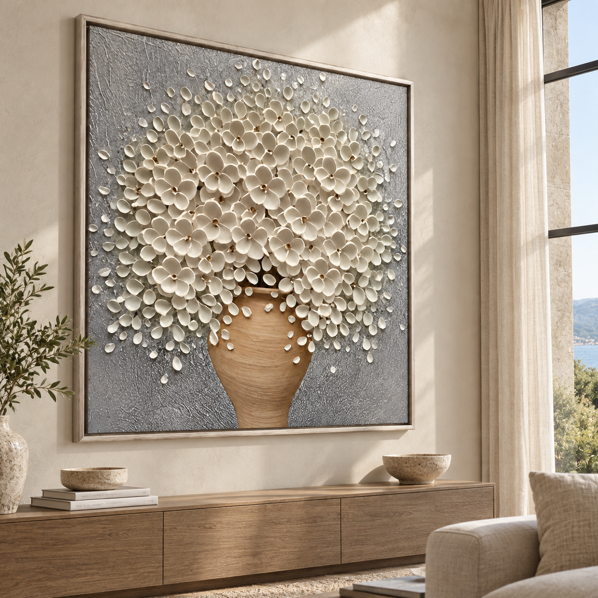 Modern Textured Floral Relief | Ivory Blossoms in Bloom
