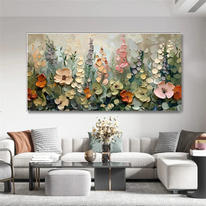 Abstract Wildflower Garden Wall Art – Textured Floral Canvas