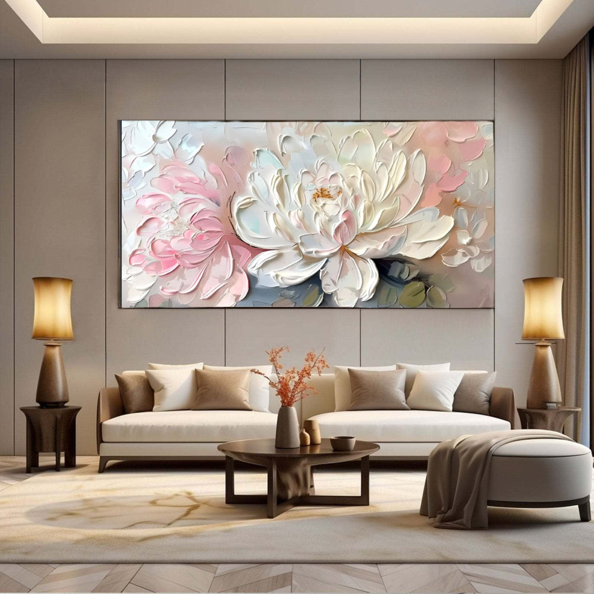 Blush Peony Wall Art – Large Abstract Floral Canvas Painting