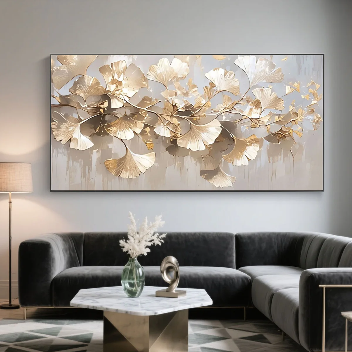 Golden Ginkgo Leaf Wall Art – Luxury Abstract Canvas Painting