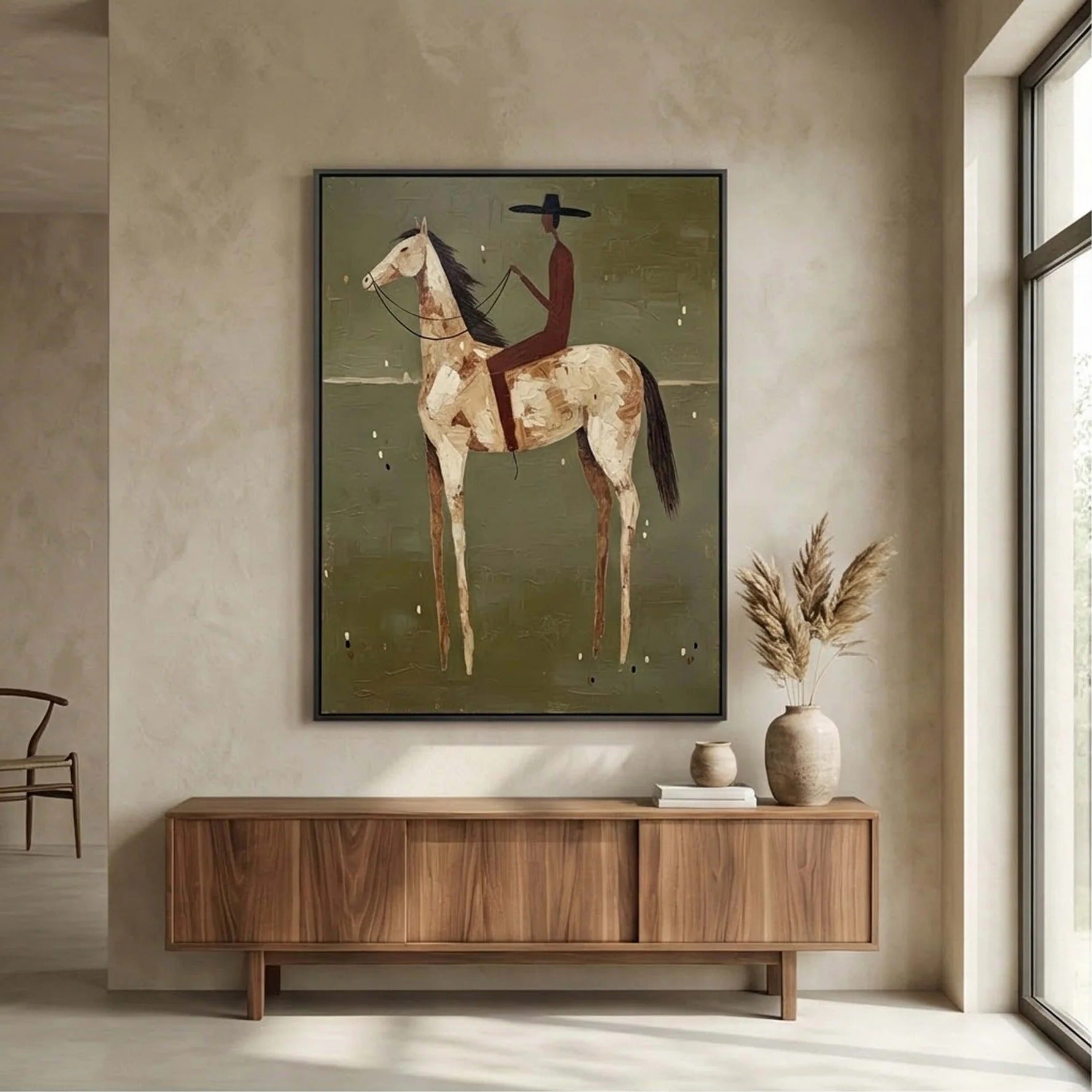 Minimalist Horse Rider Wall Art – Modern Equestrian Canvas Painting