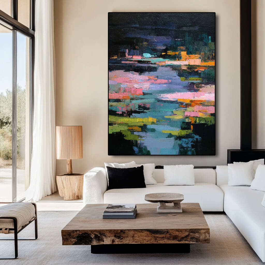 Midnight Reverie of the Lily Pond - Large Abstract Lake Landscape Oil Painting