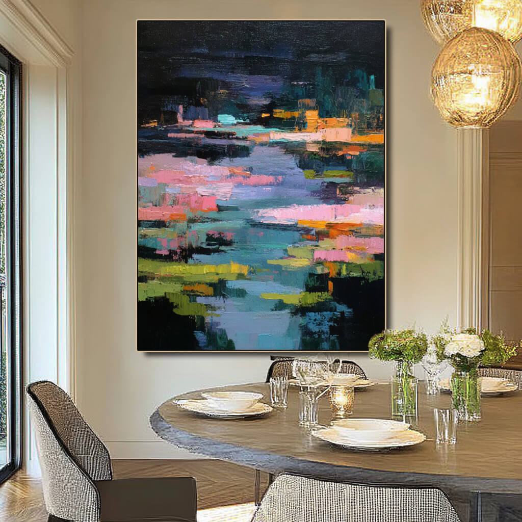 Midnight Reverie of the Lily Pond - Large Abstract Lake Landscape Oil Painting