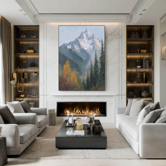 Misty Mountain Ridge - Large Modern Autumn Forest Snow Peak Wall Art