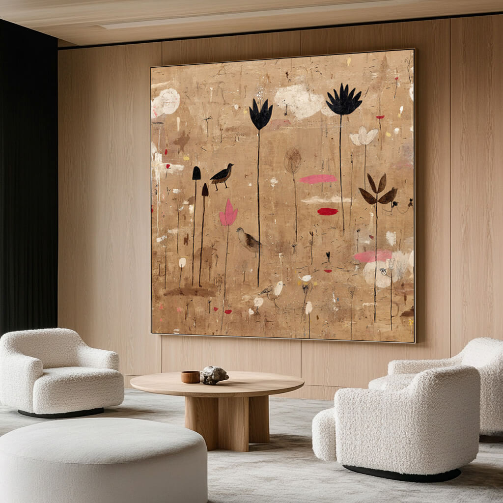 Nameless Blooms - Vintage Abstract Floral and Bird Oil Painting