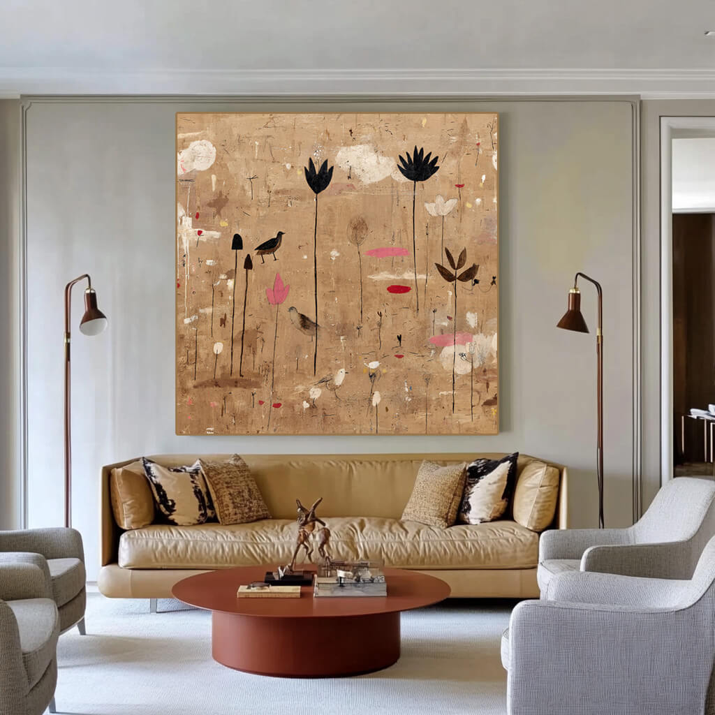 Nameless Blooms - Vintage Abstract Floral and Bird Oil Painting