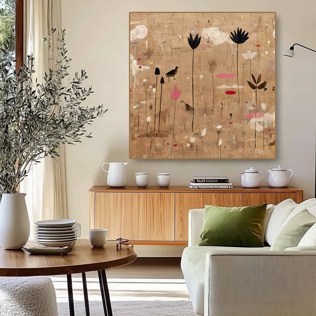Nameless Blooms - Vintage Abstract Floral and Bird Oil Painting