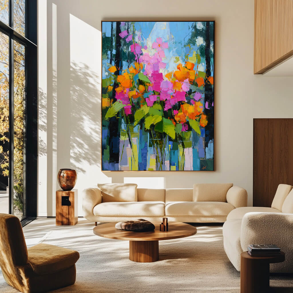 Neon Bouquet - Large Floral Abstract Oil Painting