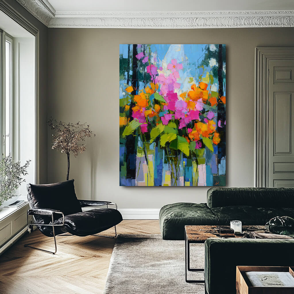 Neon Bouquet - Large Floral Abstract Oil Painting