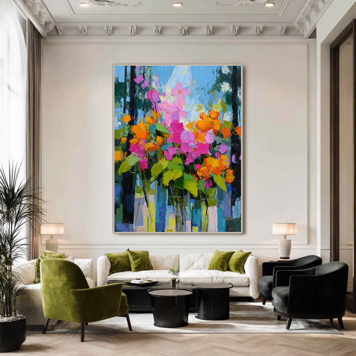 Neon Bouquet - Large Floral Abstract Oil Painting