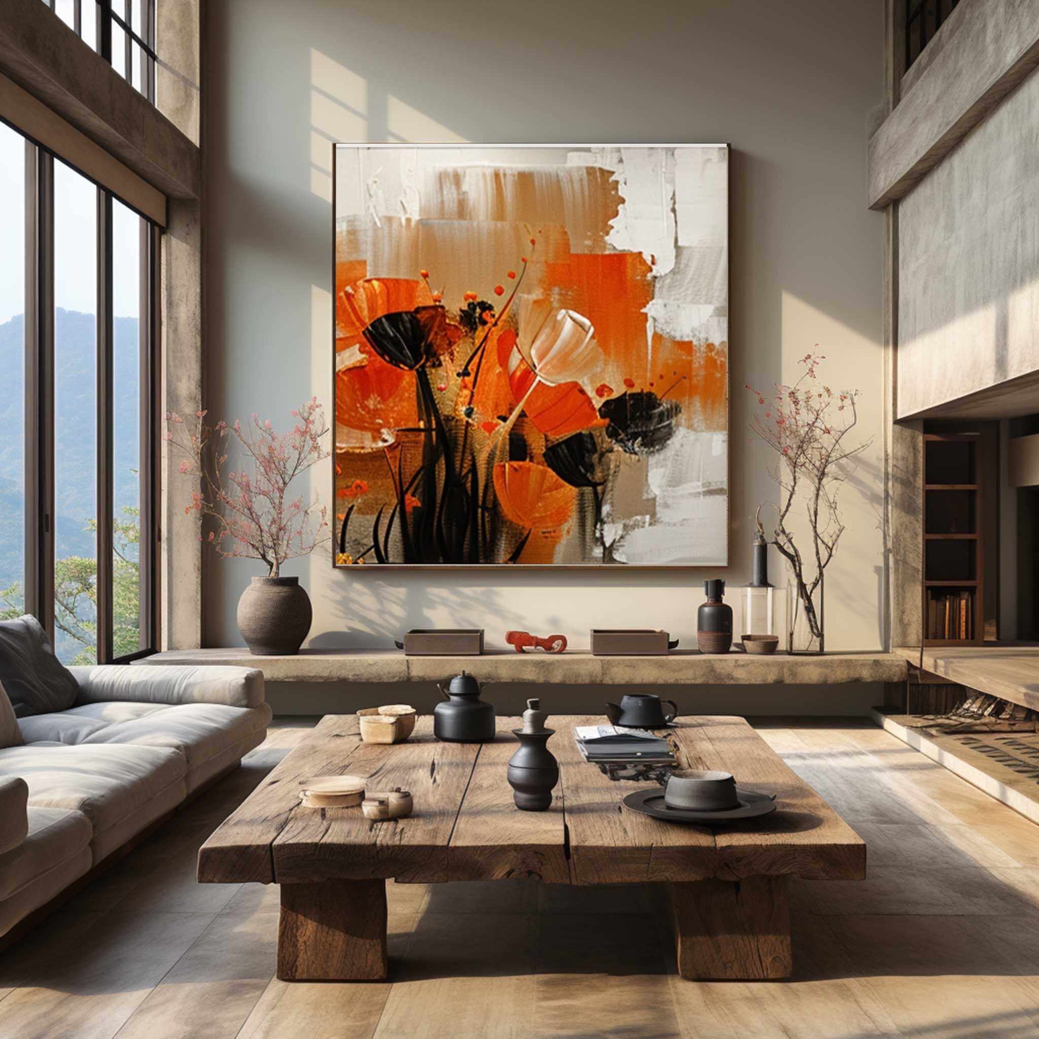 Abstract Orange Poppy Wall Art – Modern Floral Canvas Painting