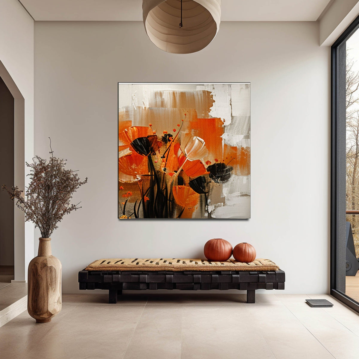 Abstract Orange Poppy Wall Art – Modern Floral Canvas Painting
