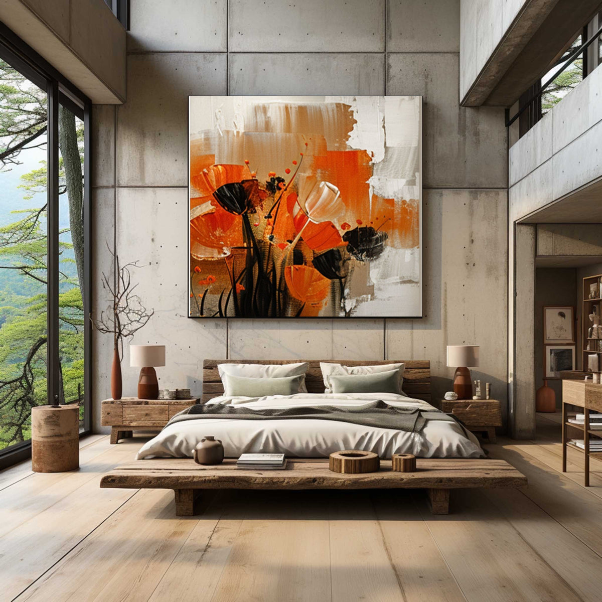 Abstract Orange Poppy Wall Art – Modern Floral Canvas Painting