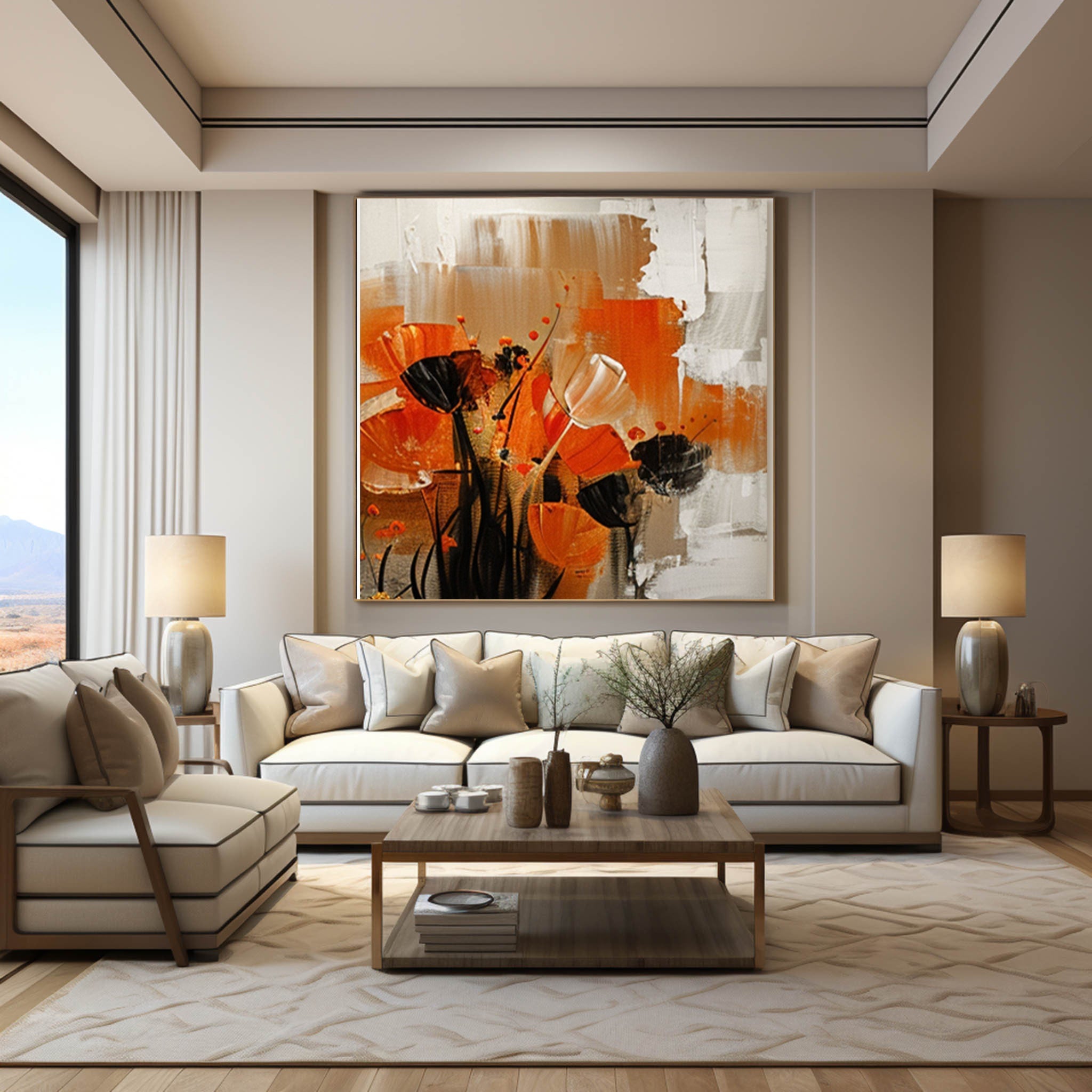 Abstract Orange Poppy Wall Art – Modern Floral Canvas Painting