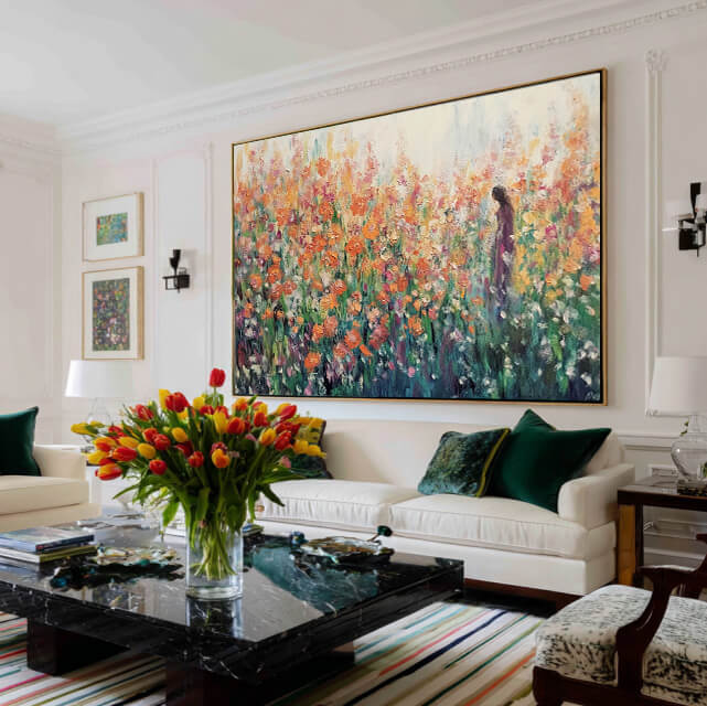 Reunion in Coral Tones - Large Modern Impressionist Orange Flower Field Wall Art