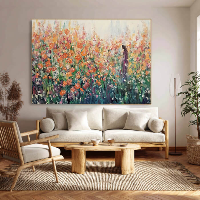 Reunion in Coral Tones - Large Modern Impressionist Orange Flower Field Wall Art