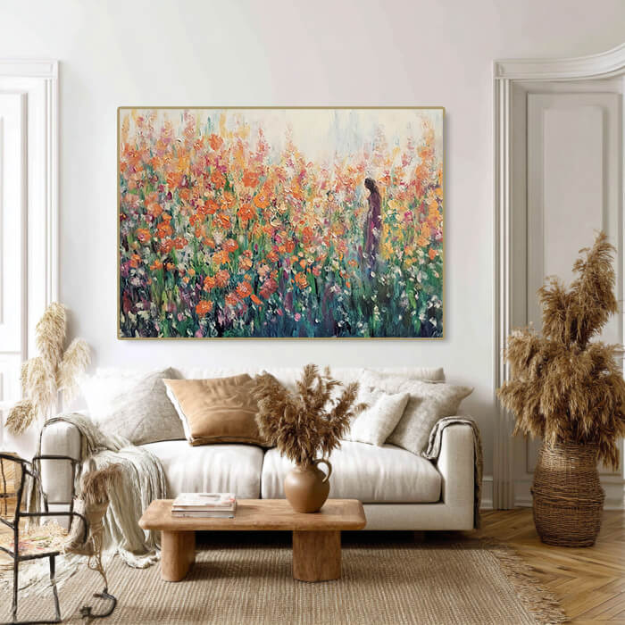 Reunion in Coral Tones - Large Modern Impressionist Orange Flower Field Wall Art
