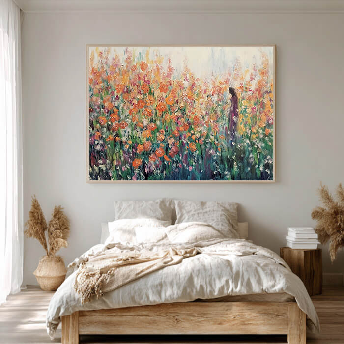 Reunion in Coral Tones - Large Modern Impressionist Orange Flower Field Wall Art