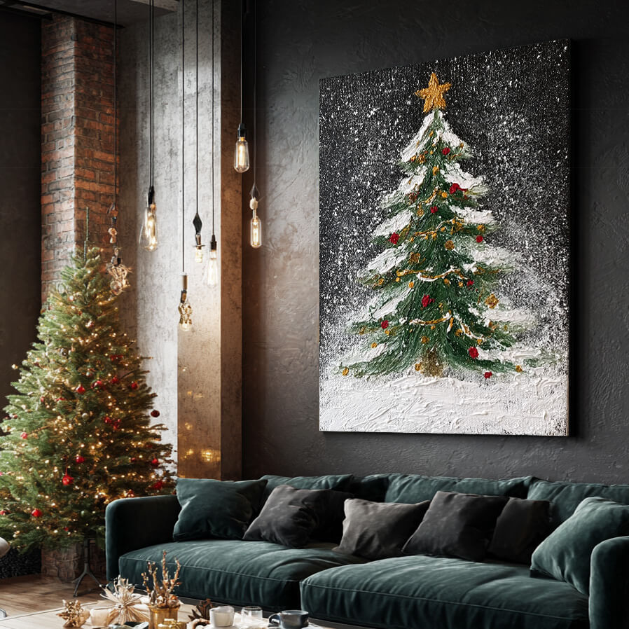 Starry Night Tree I - Textured Christmas Tree Canvas Art