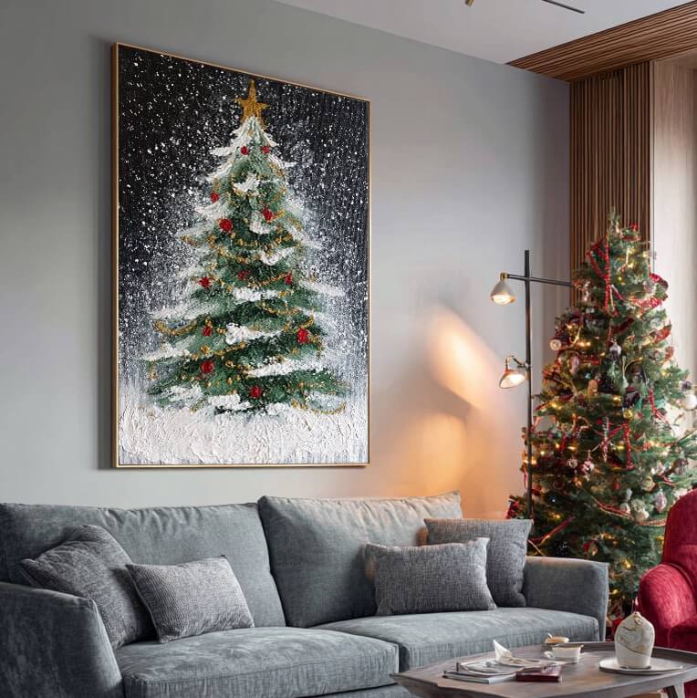 Starry Night Tree - Textured Christmas Tree Canvas Art