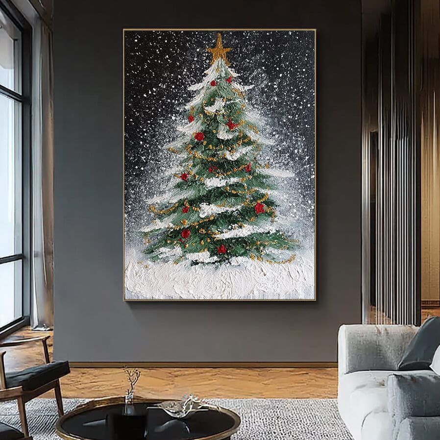 Starry Night Tree - Textured Christmas Tree Canvas Art