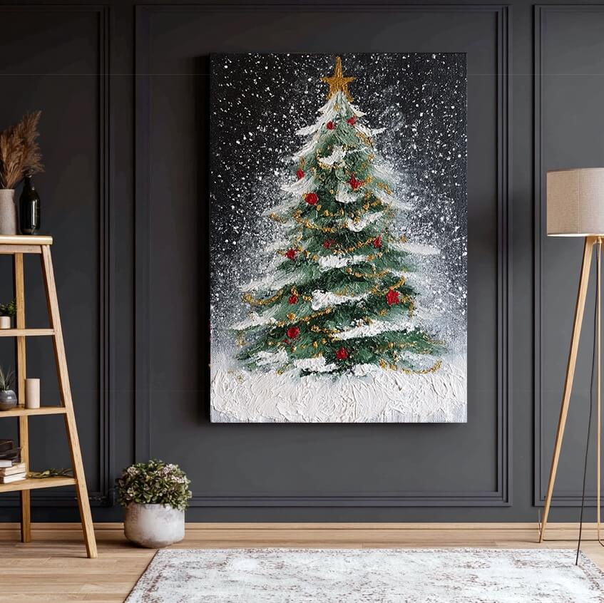 Starry Night Tree - Textured Christmas Tree Canvas Art
