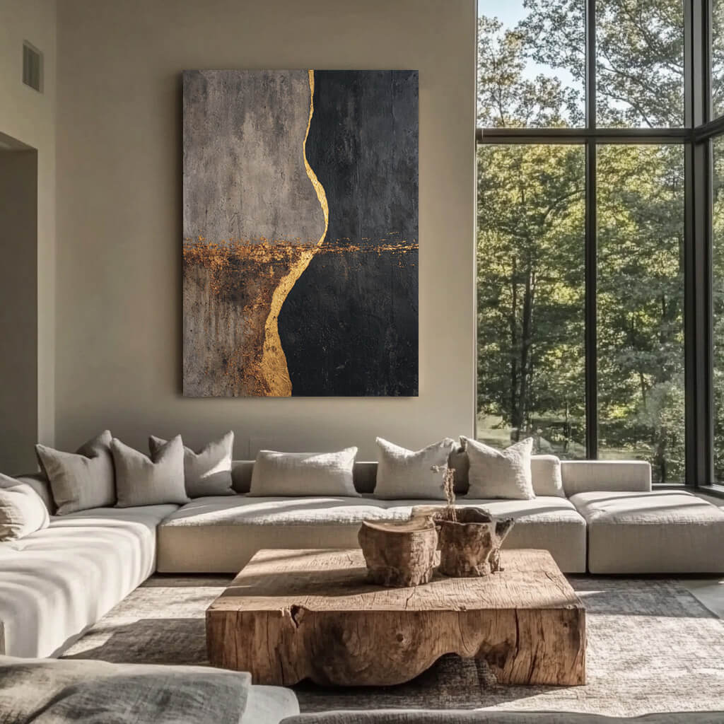 The Golden Fission - Large Modern Minimalist Black Gold Decor Wall Art