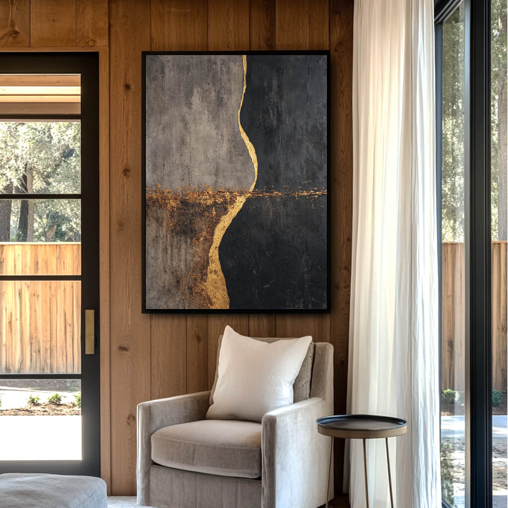 The Golden Fission - Large Modern Minimalist Black Gold Decor Wall Art