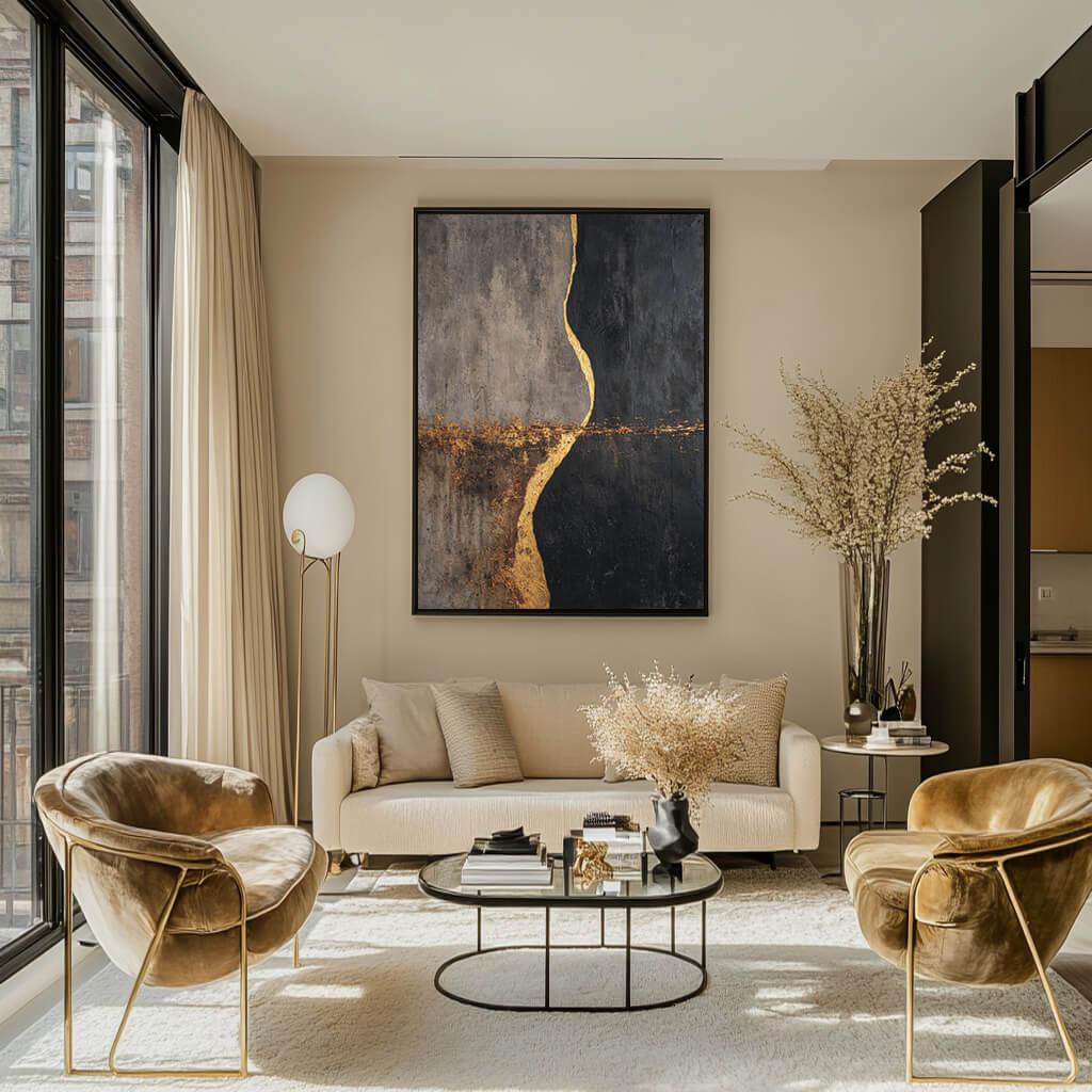 The Golden Fission - Large Modern Minimalist Black Gold Decor Wall Art