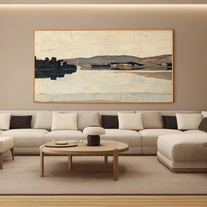 The Hidden Shore - Large Modern Minimalist Cream White Landscape Wall Art