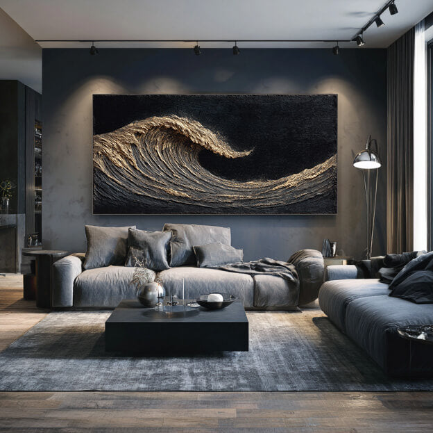 The Silent Roar I - Modern Black and White Sea Wave Oil Painting