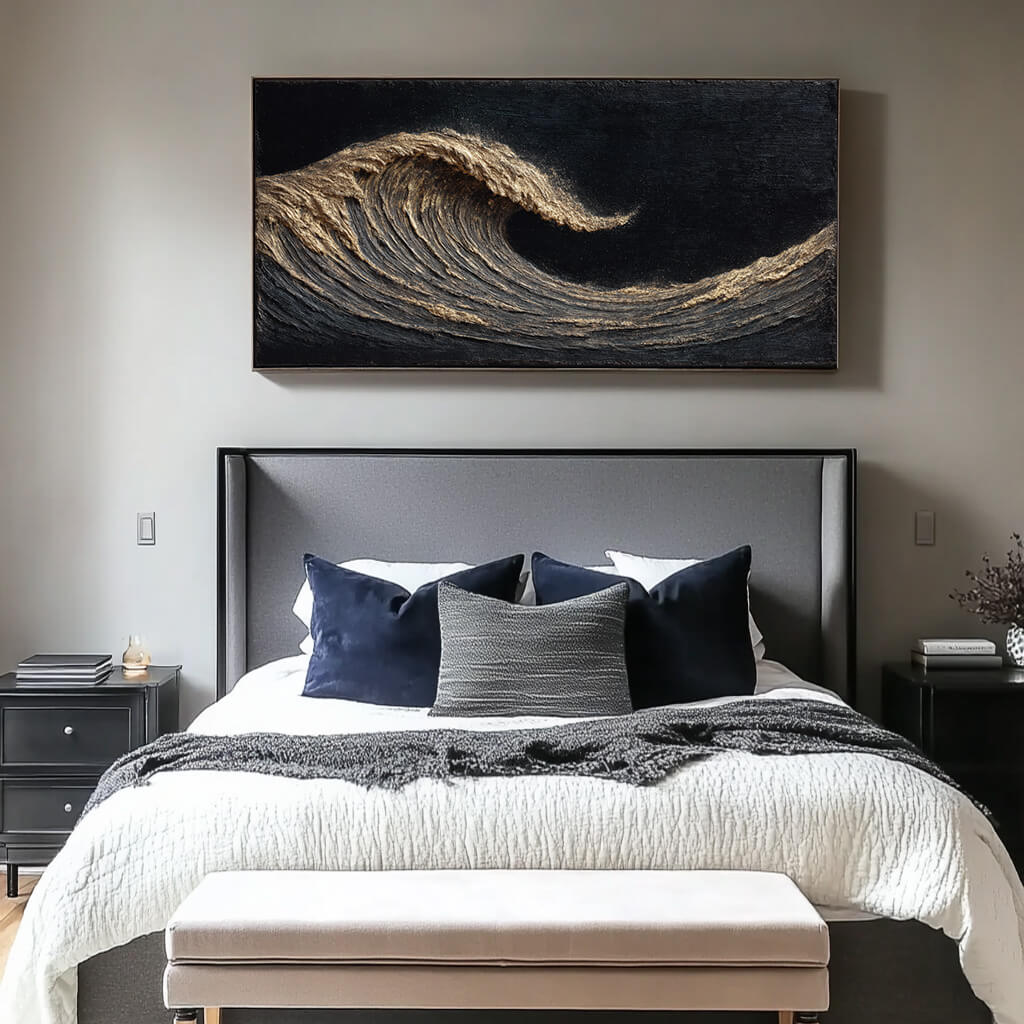 The Silent Roar I - Modern Black and White Sea Wave Oil Painting